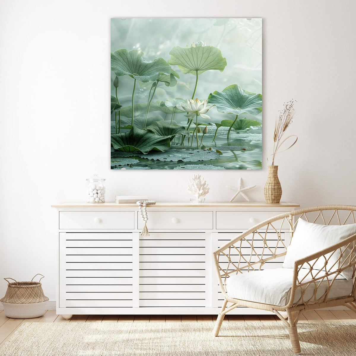 Echtglas, 4 mm – kein Acryl, keine Folie – Wandbild - Lotusteich - Quadratisch