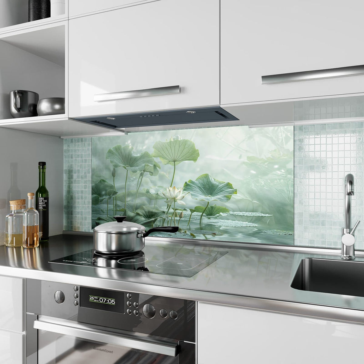 Küchenrückwand aus Glas Lotusteich im Hochformat als Spritzschutz hinter dem Kochfeld, über dem Fliesenspiegel montiert