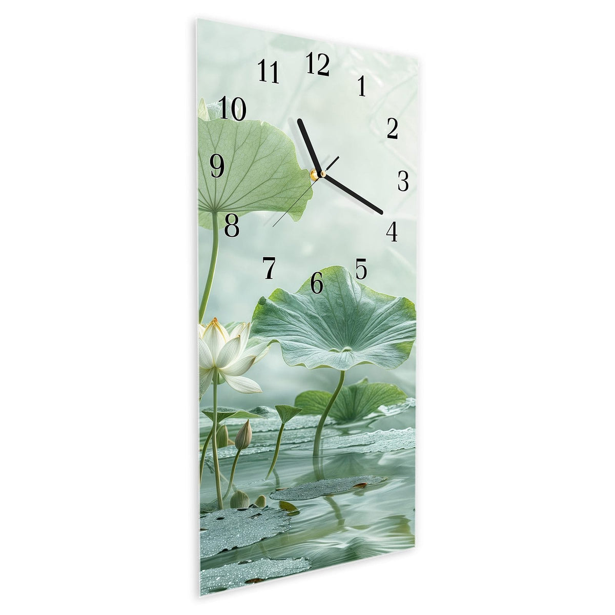 Vormontiert – mit Schwebeeffekt – Wanduhr Lotusteich aus Glas – Hochformat 30 × 60 cm