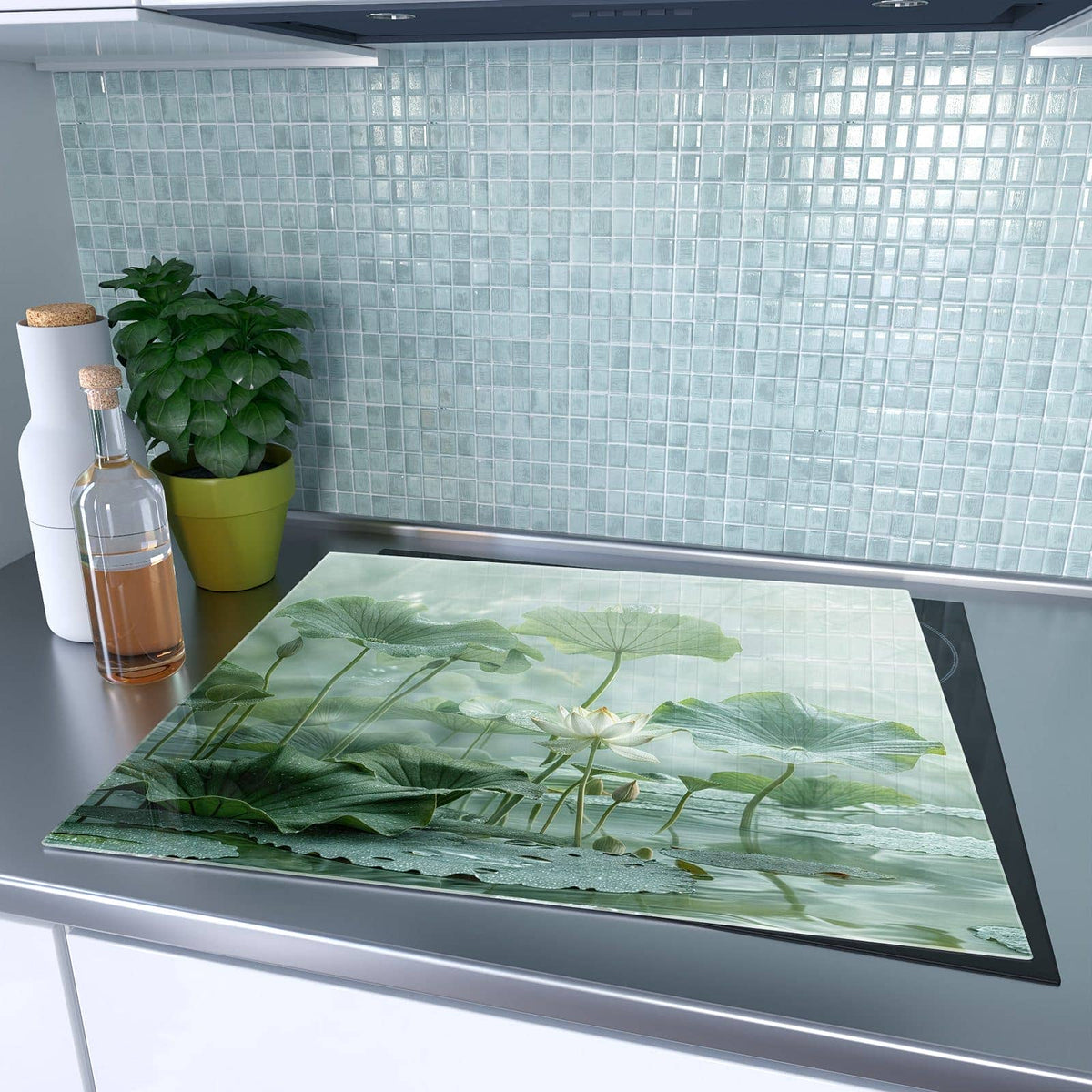 1-teilige Abdeckplatten für Ceranfeld mit Lotusteich-Motiv auf dem Ceranfeld