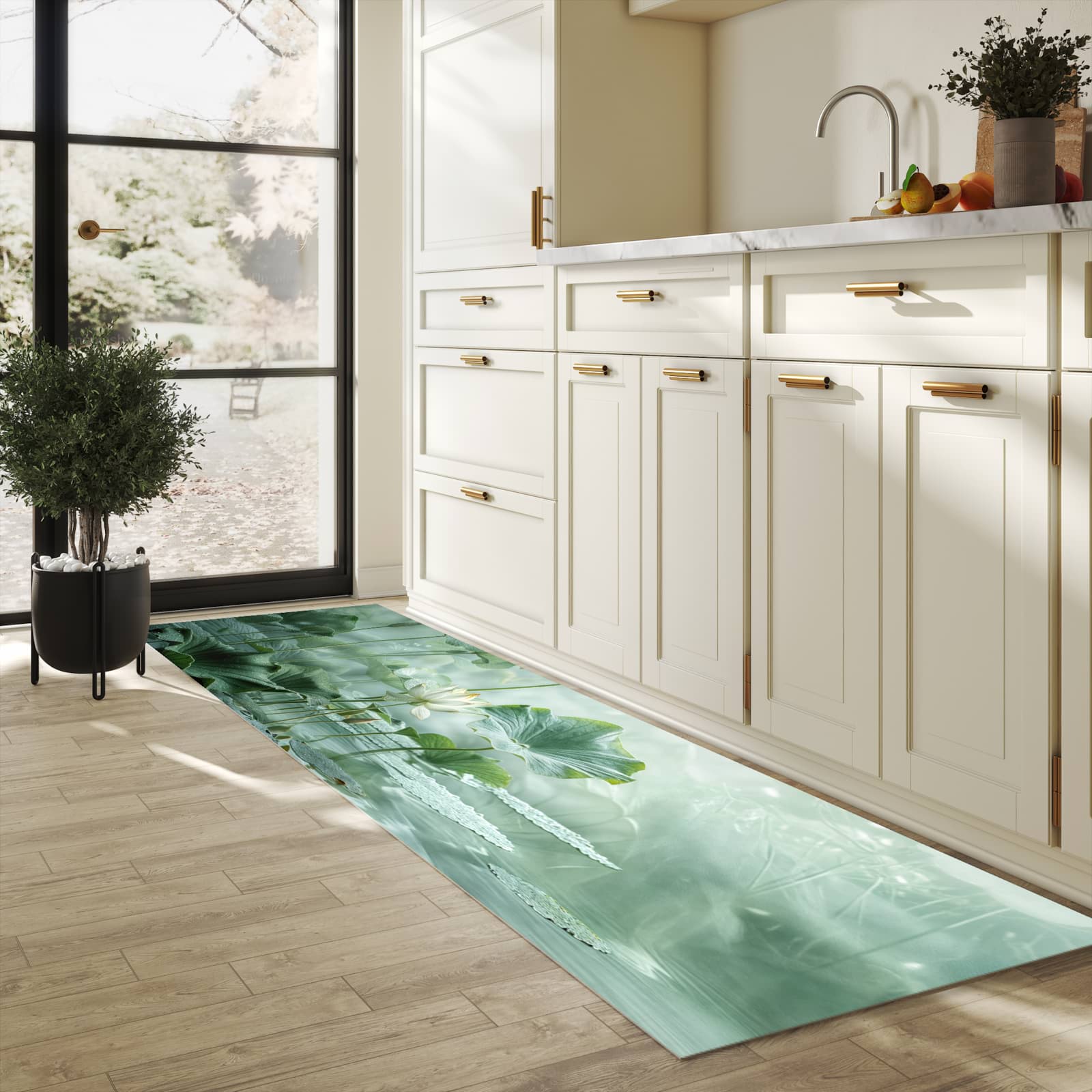 Hygienischer Küchenteppich mit Motiv Lotusteich in heller Küche