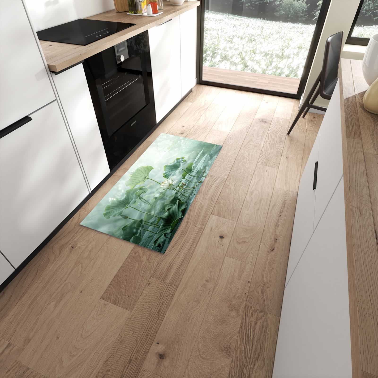 Formstabiler rutschfester Küchenteppich mit Motiv Lotusteich in moderner Küche #grösse_60 x 120 cm