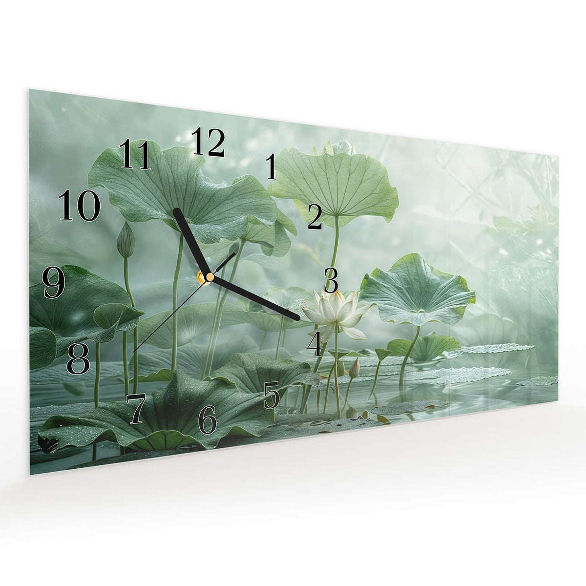 Vormontiert – mit Schwebeeffekt – Wanduhr Lotusteich aus Glas – Querformat 60 × 30 cm
