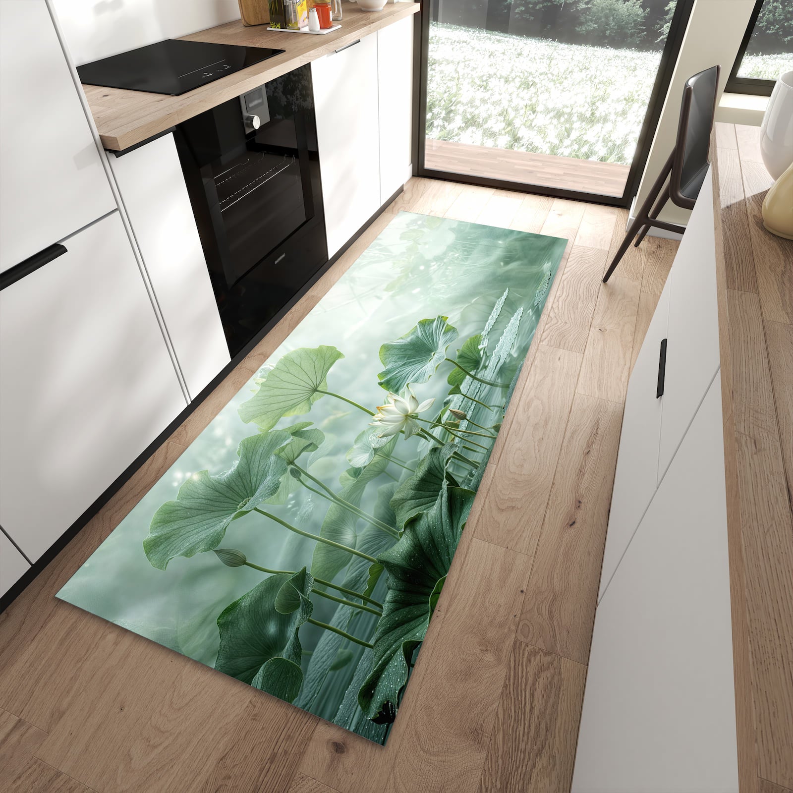 Flacher Küchenteppich mit Motiv Lotusteich in moderner Küche - waschbar