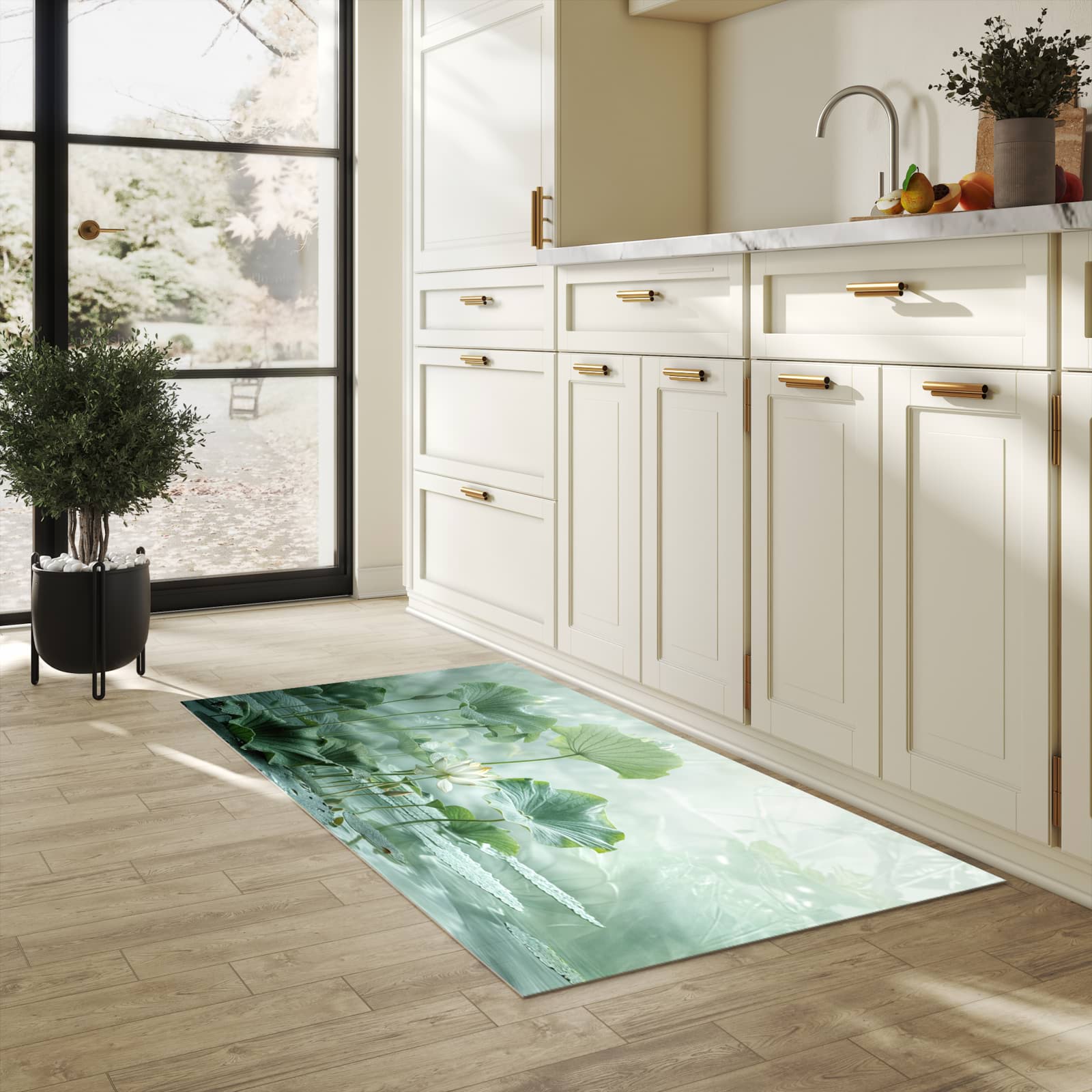 Strapazierfähiger Küchenteppich mit Motiv Lotusteich in heller Küche