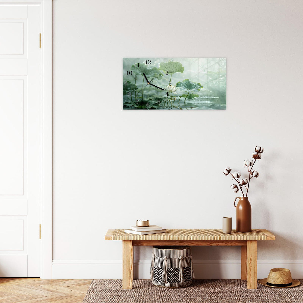 Moderne Wanduhr aus Glas mit Farbtiefe – Wanduhr Lotusteich aus Glas – Querformat 60 × 30 cm