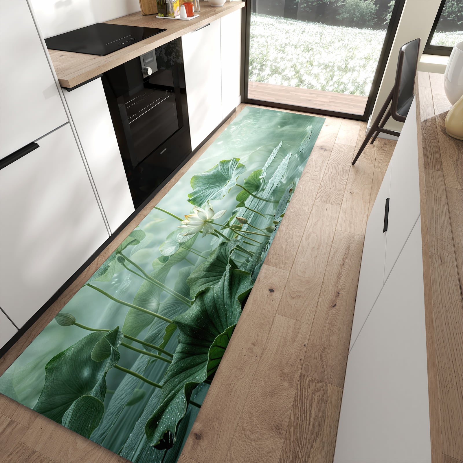 Geruchsneutraler rutschfester Küchenteppich mit Motiv Lotusteich in moderner Küche