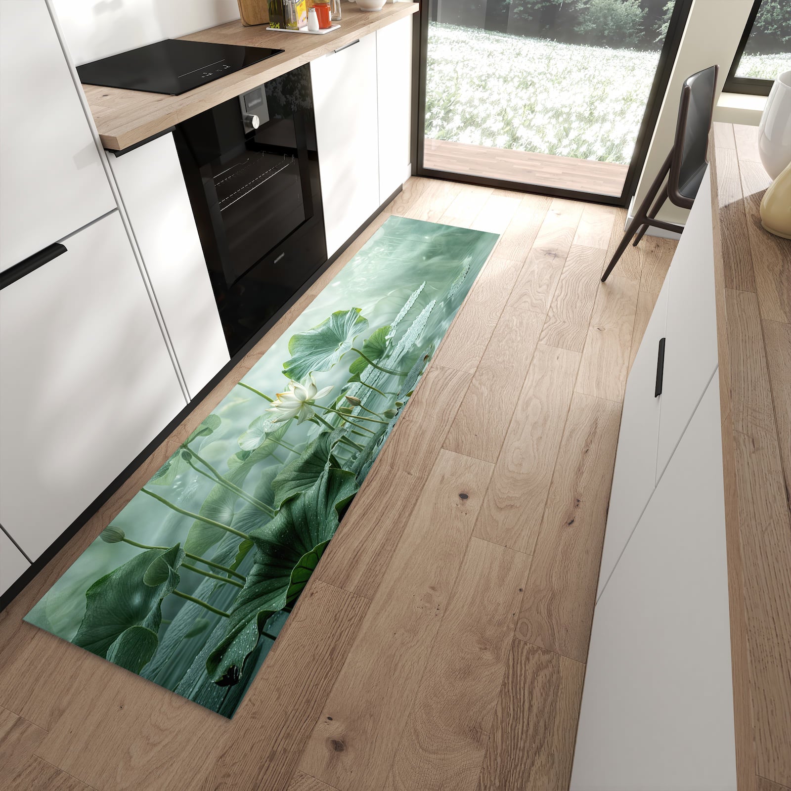 Geräuschdämpfender Teppich für Esstisch mit Motiv Lotusteich in moderner Küche