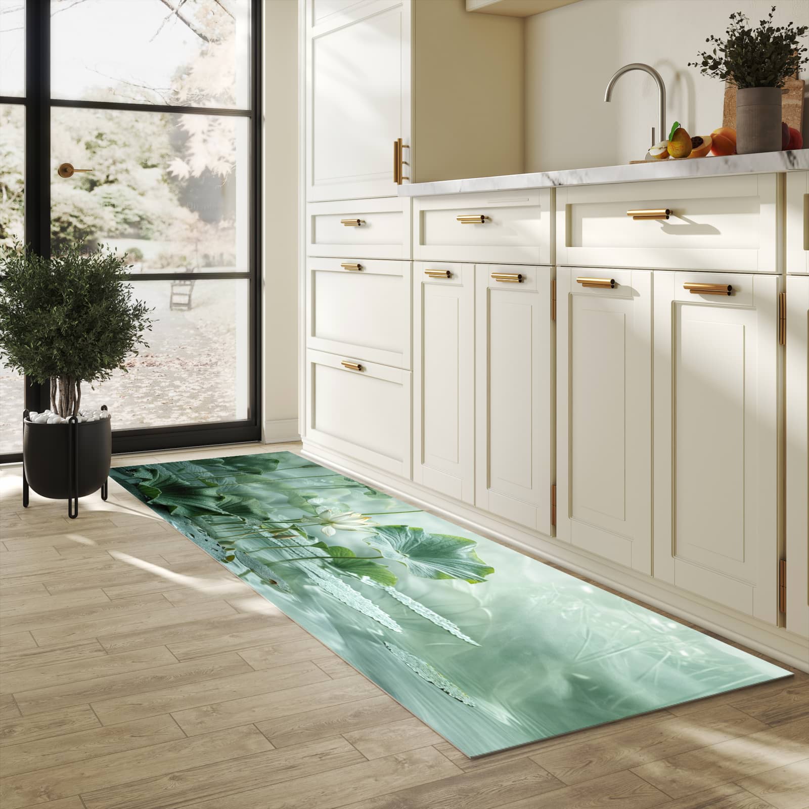 Komfortabler Küchenläufer mit Motiv Lotusteich in heller Küche