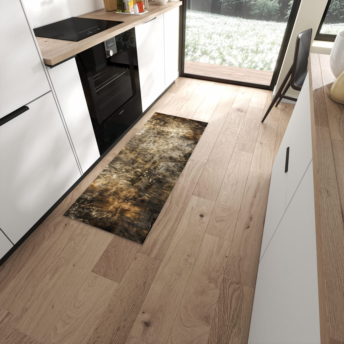 Geruchsneutraler Küchenteppich mit Motiv Abstrakte Verwitterung in moderner Küche #grösse_60 x 150 cm