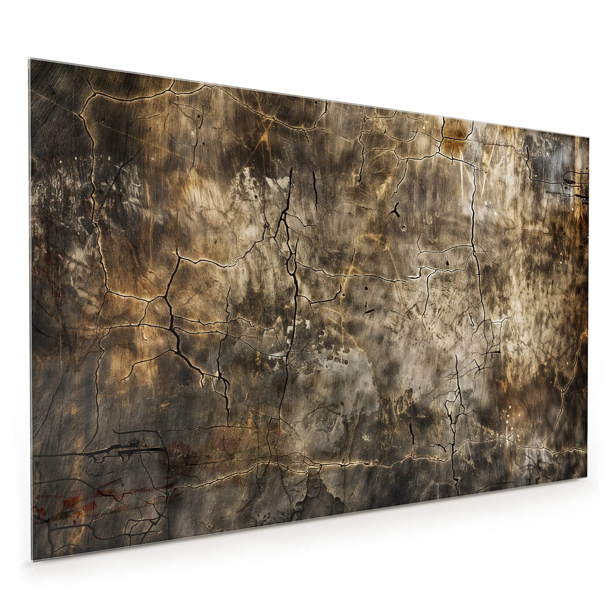 Küchenrückwand aus Glas im Hochformat mit Motiv Rissige Erdtöne: Erdbraune, hell-dunkel gefleckte Wand mit einem Netz aus dunklen Rissen