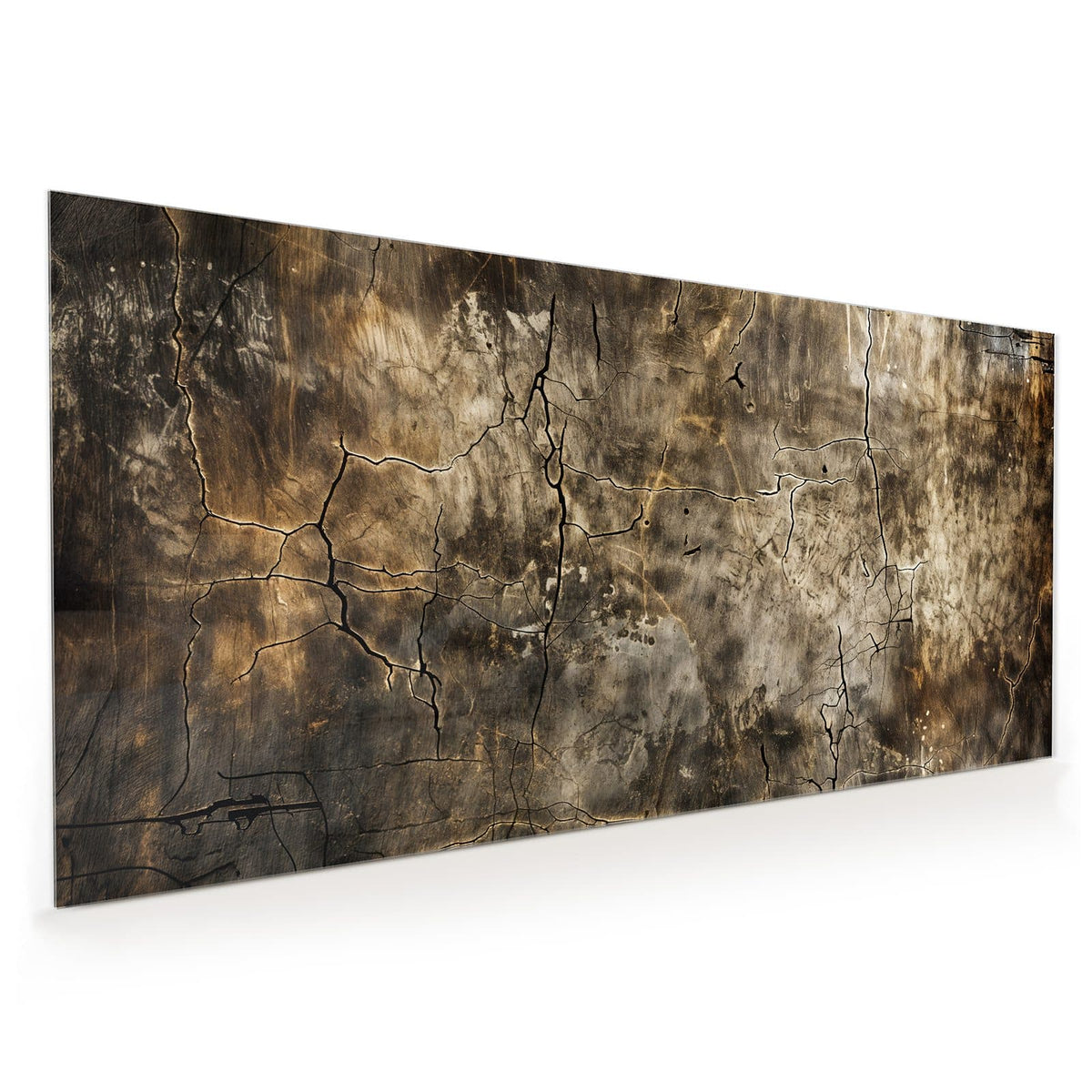 Küchenrückwand aus Glas im Hochformat mit Motiv Rissige Erdtöne: Erdbraune, hell-dunkel gefleckte Wand mit einem Netz aus dunklen Rissen