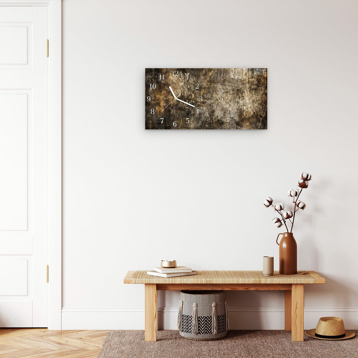 Moderne Wanduhr aus Glas mit Farbtiefe – Wanduhr Abstrakte Verwitterung aus Glas – Querformat 60 × 30 cm