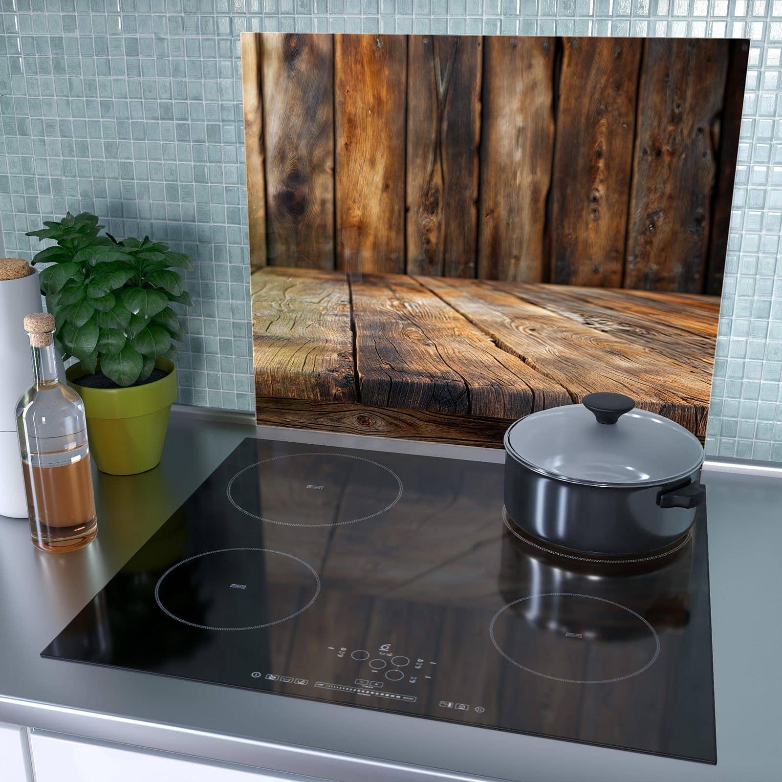 1-teilige Herdabdeckplatte mit Holzbodenoptik-Motiv als Spritzschutz hinter dem Kochfeld