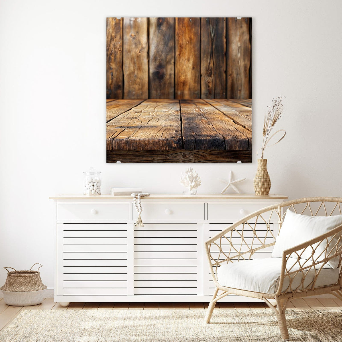 Echtglas, 4 mm – kein Acryl, keine Folie – Wandbild - Holzbodenoptik - Quadratisch