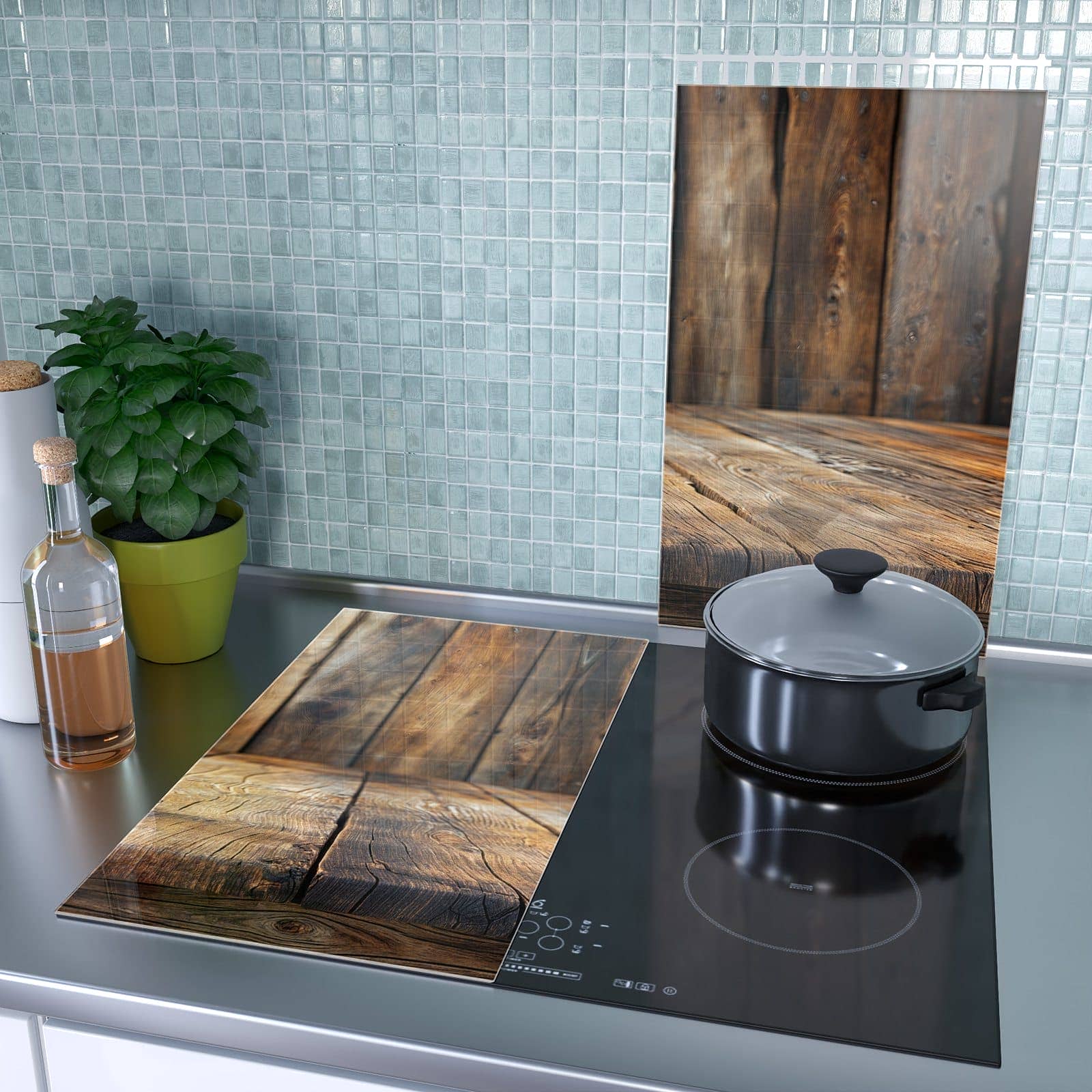 2-teilige Abdeckplatten mit Holzbodenoptik-Motiv als Spritzschutz hinter dem Kochfeld
