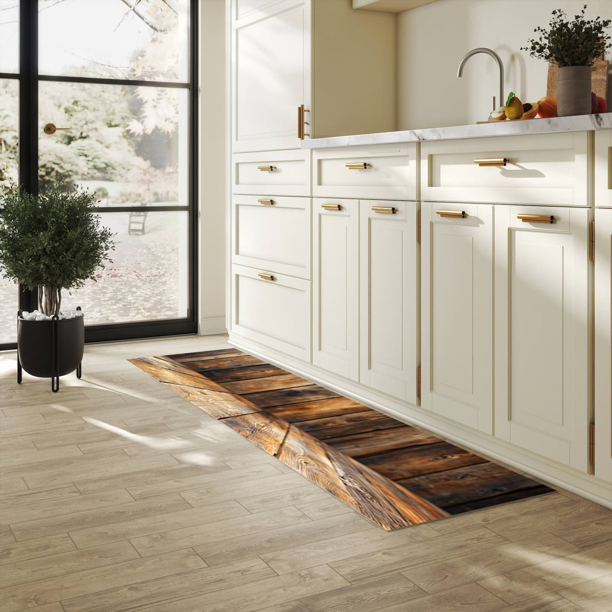 Bodenschonender Bodenläufer-Teppich mit Motiv Holzbodenoptik in heller Küche