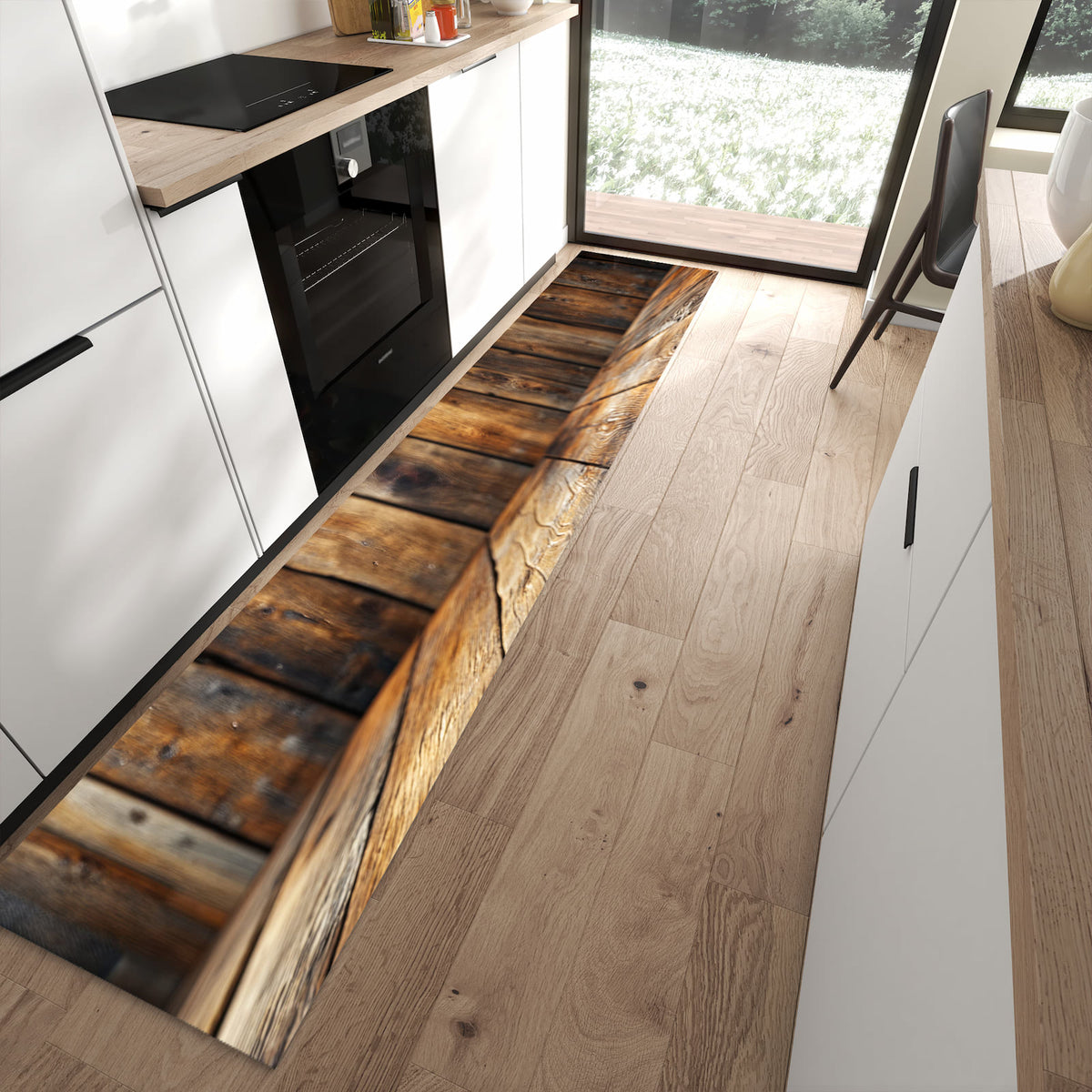 Waschbarer Küchenläufer mit Motiv Holzbodenoptik in moderner Küche für sichere Aufbewahrung