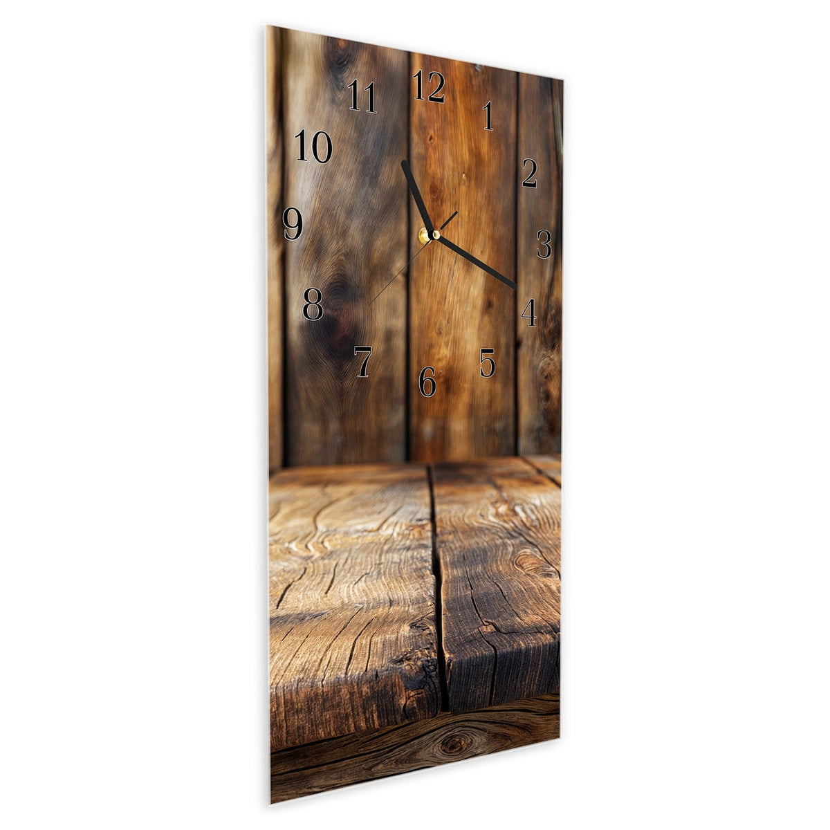 Vormontiert – mit Schwebeeffekt – Wanduhr Holzbodenoptik aus Glas – Hochformat 30 × 60 cm