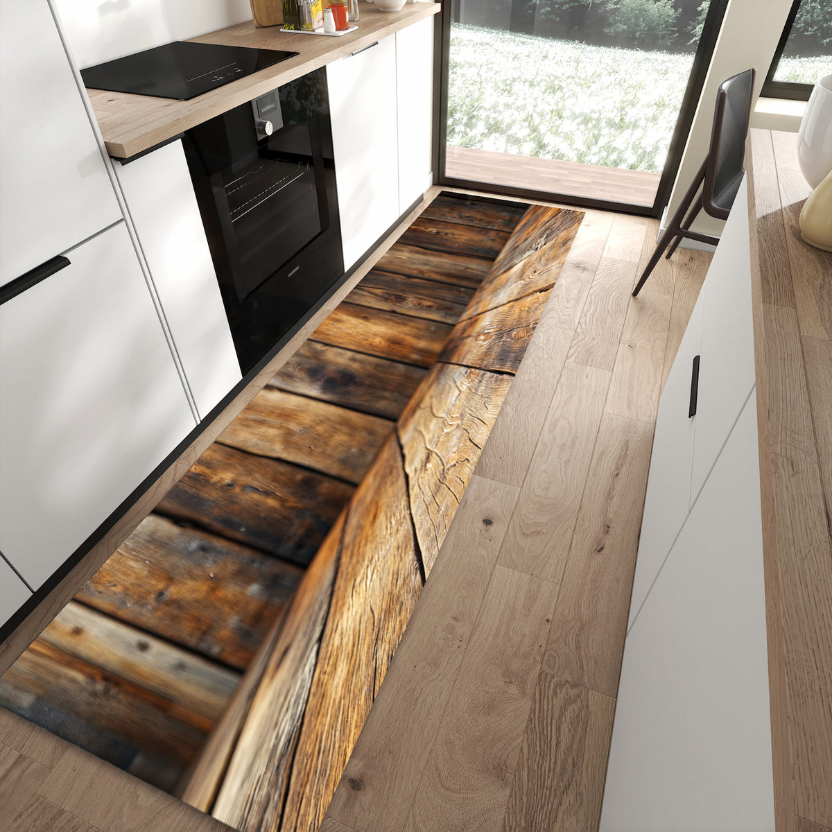 Komfortabler Küchenteppich mit Motiv Holzbodenoptik in moderner Küche