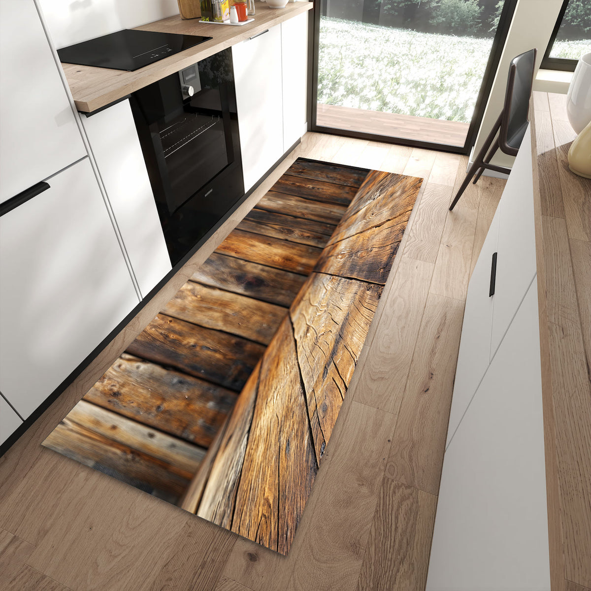 Fleckenresistenter Küchenteppich mit Motiv Holzbodenoptik in moderner Küche