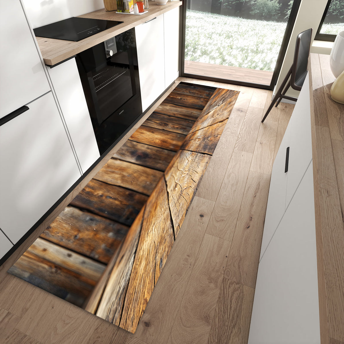 UV-beständiger Küchenteppich mit Motiv Holzbodenoptik in moderner Küche