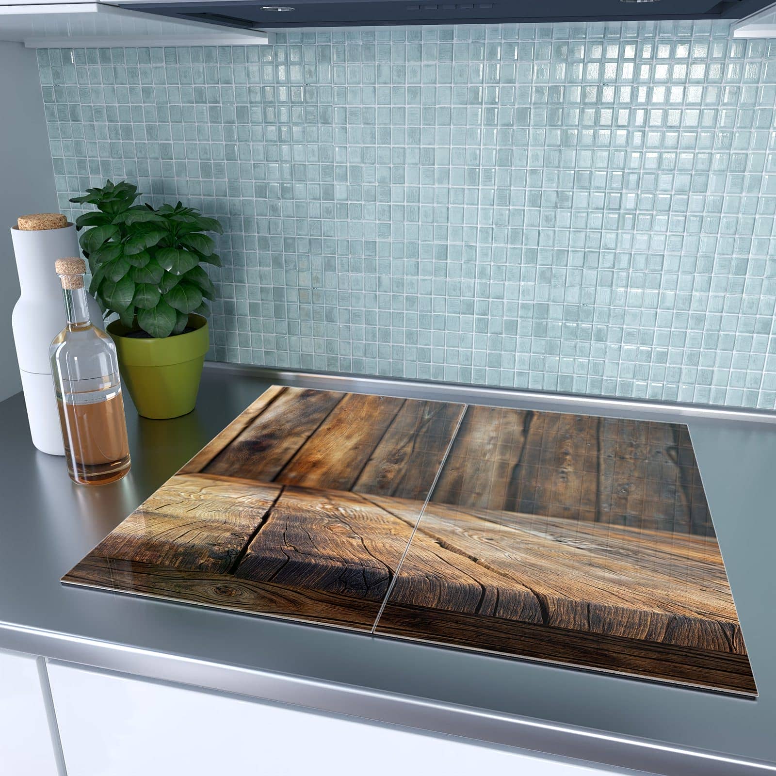 2-teilige Herdabdeckplatte aus Glas mit Holzbodenoptik-Motiv auf dem Ceranfeld