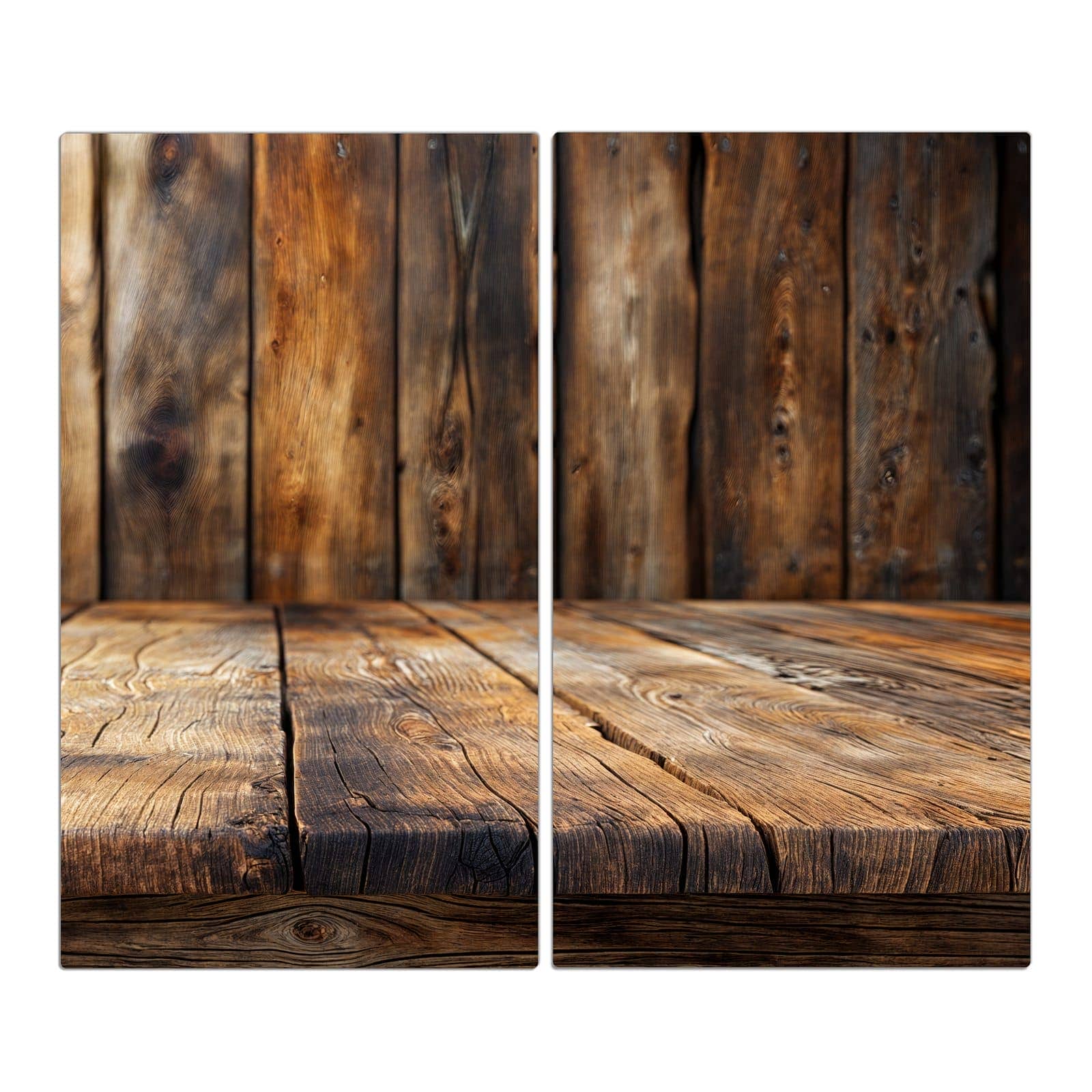 2-teilige Herdabdeckplatten für Ceranfeld mit Holzbodenoptik-Motiv in der Frontansicht #grösse_2-Teilig (60x52cm)