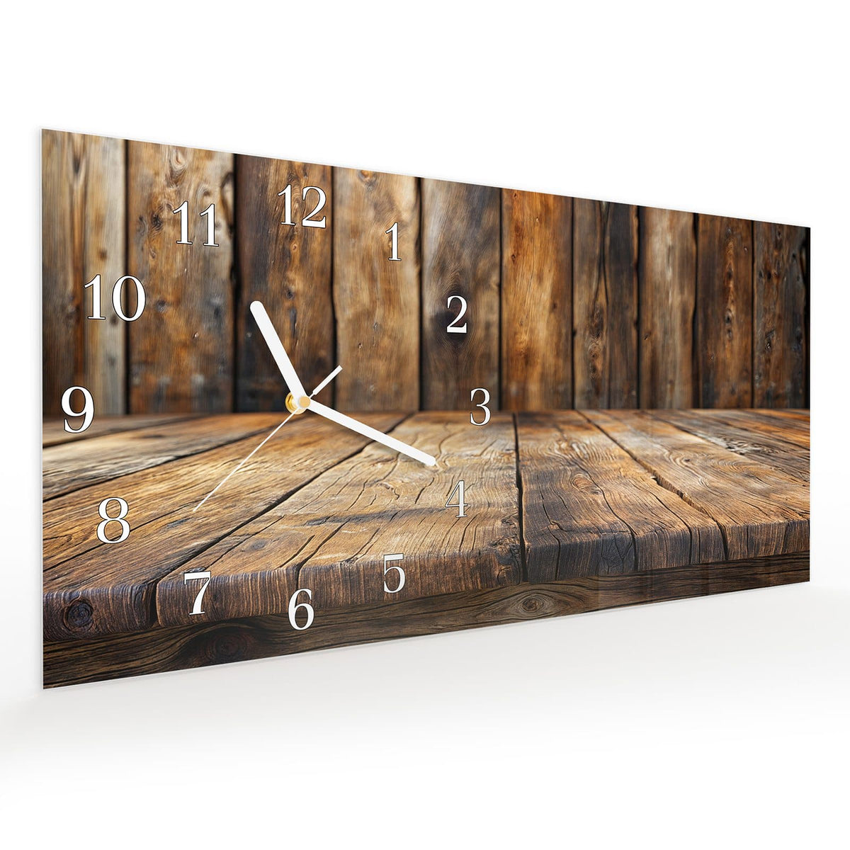 Vormontiert – mit Schwebeeffekt – Wanduhr Holzbodenoptik aus Glas – Querformat 60 × 30 cm