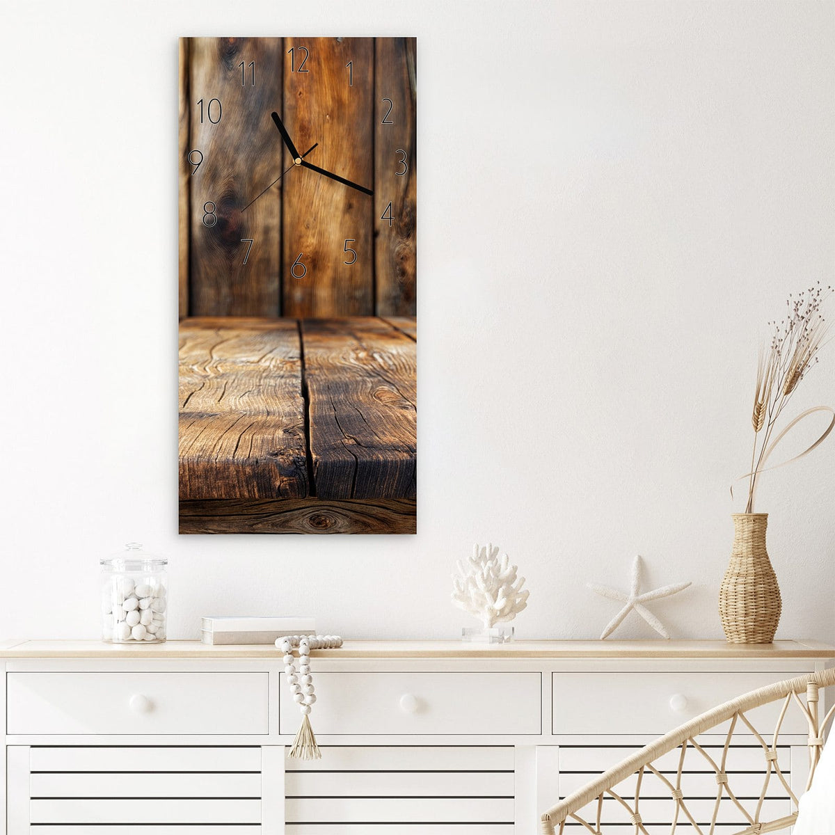 Wanduhr Holzbodenoptik aus Glas – Rustikales Holz in Kastanienbraun