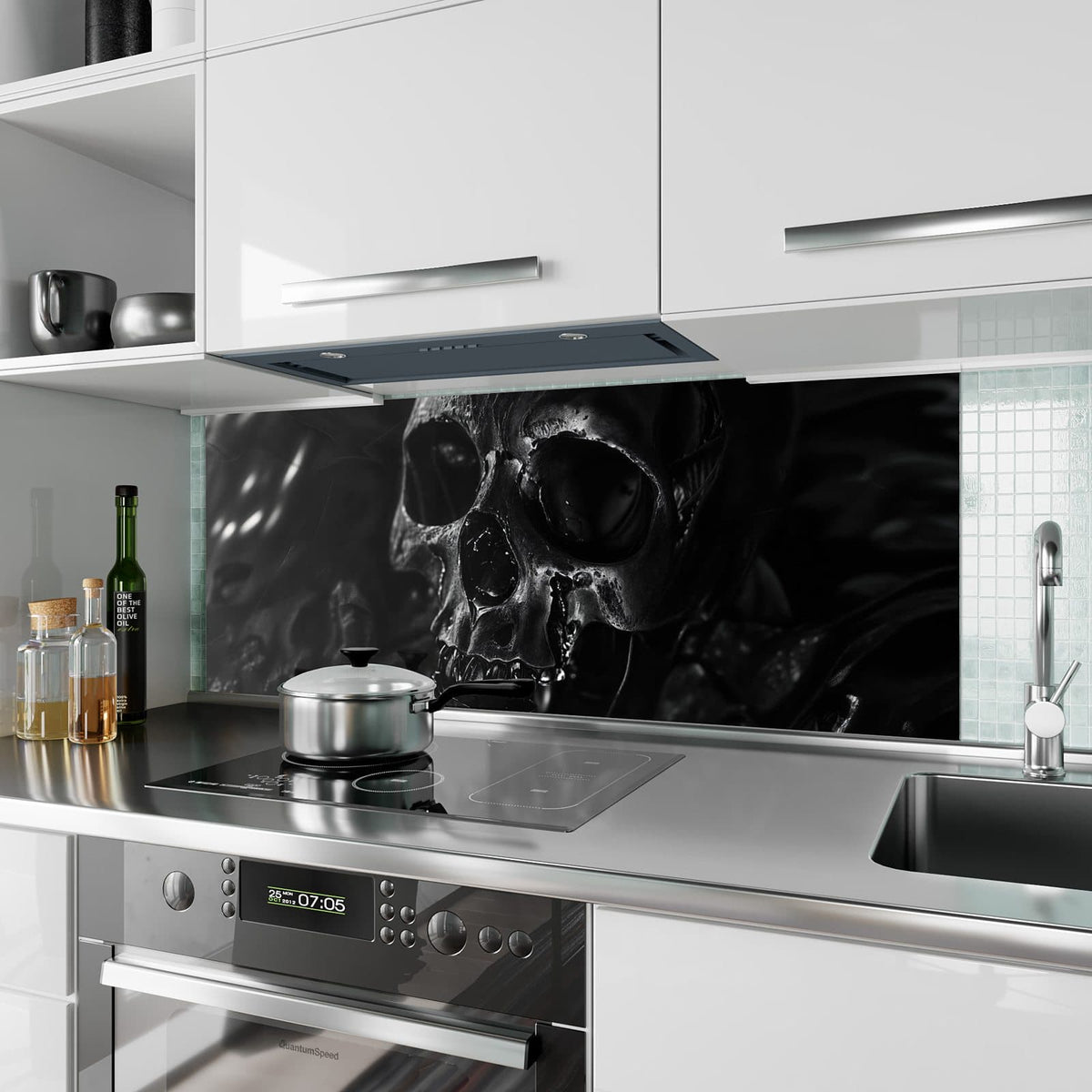 Küchenrückwand aus Glas Dunkler Totenkopf im Hochformat als Spritzschutz hinter dem Kochfeld, über dem Fliesenspiegel montiert