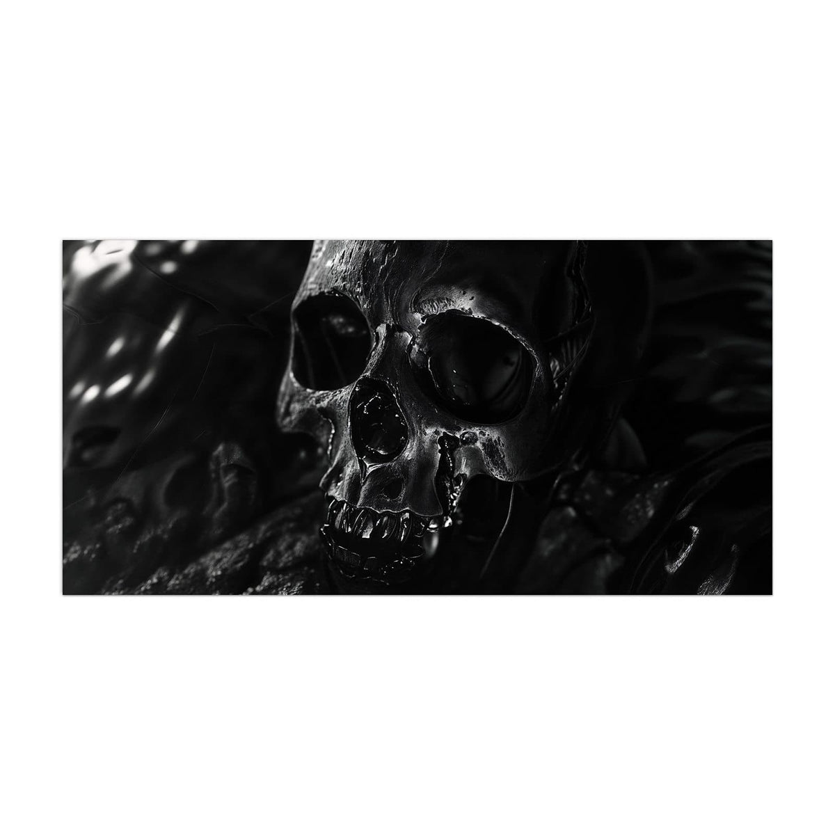 Küchenrückwand aus Glas Dunkler Totenkopf im Hochformat, Motiv bildfüllend von vorn