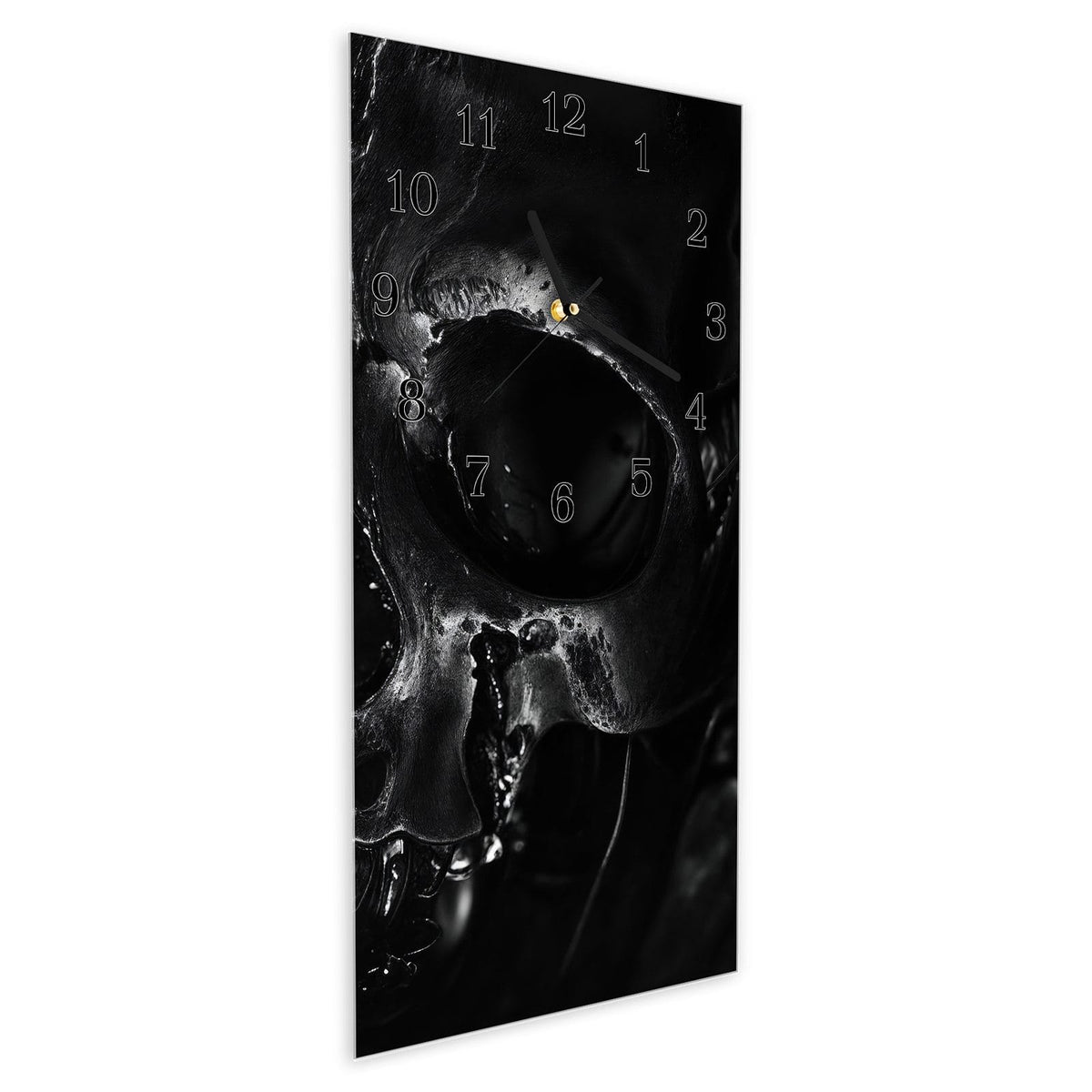 Vormontiert – mit Schwebeeffekt – Wanduhr Schädelaufnahme aus Glas – Hochformat 30 × 60 cm
