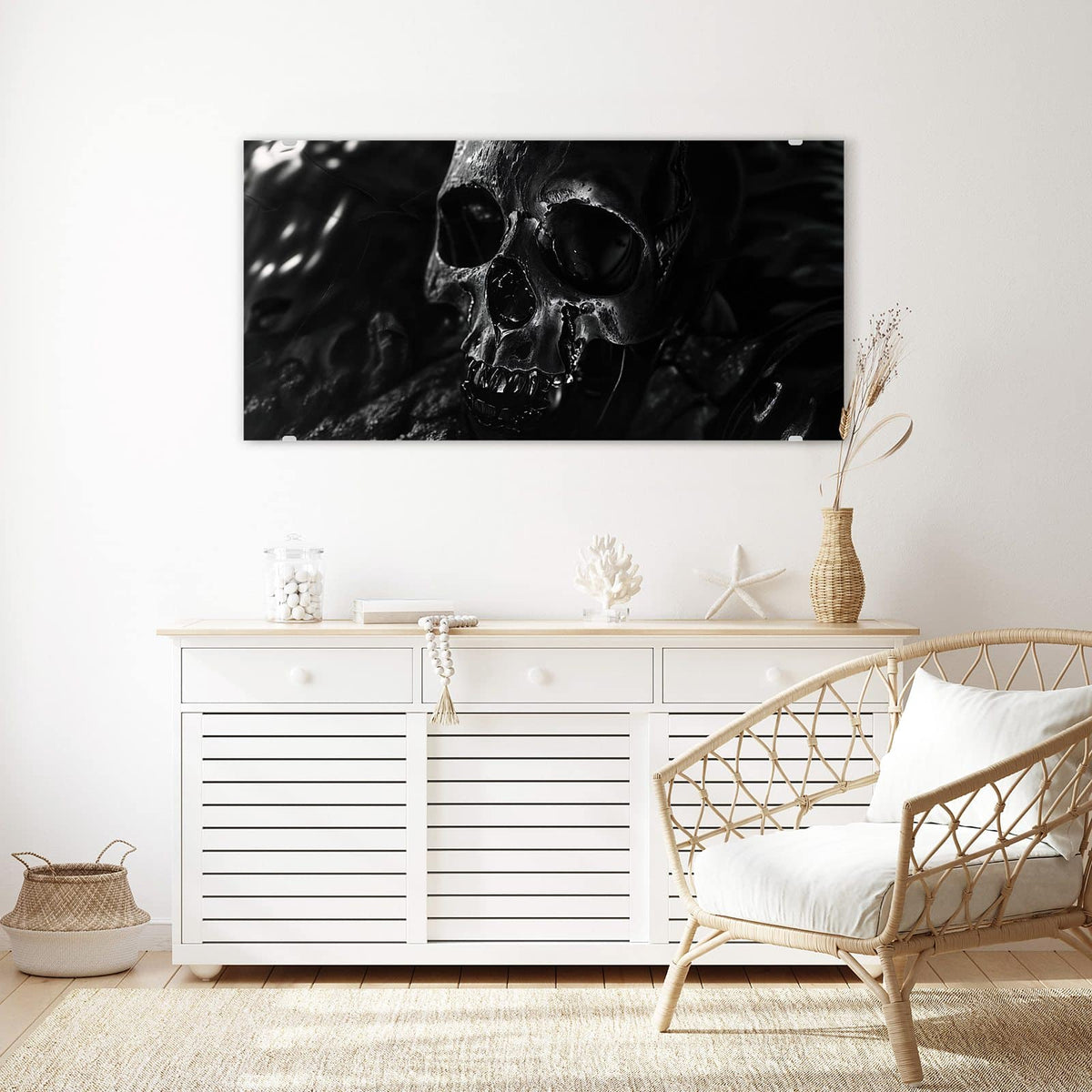 Echtglas, 4 mm – kein Acryl, keine Folie – Wandbild - Dunkler Totenkopf - Querformat
