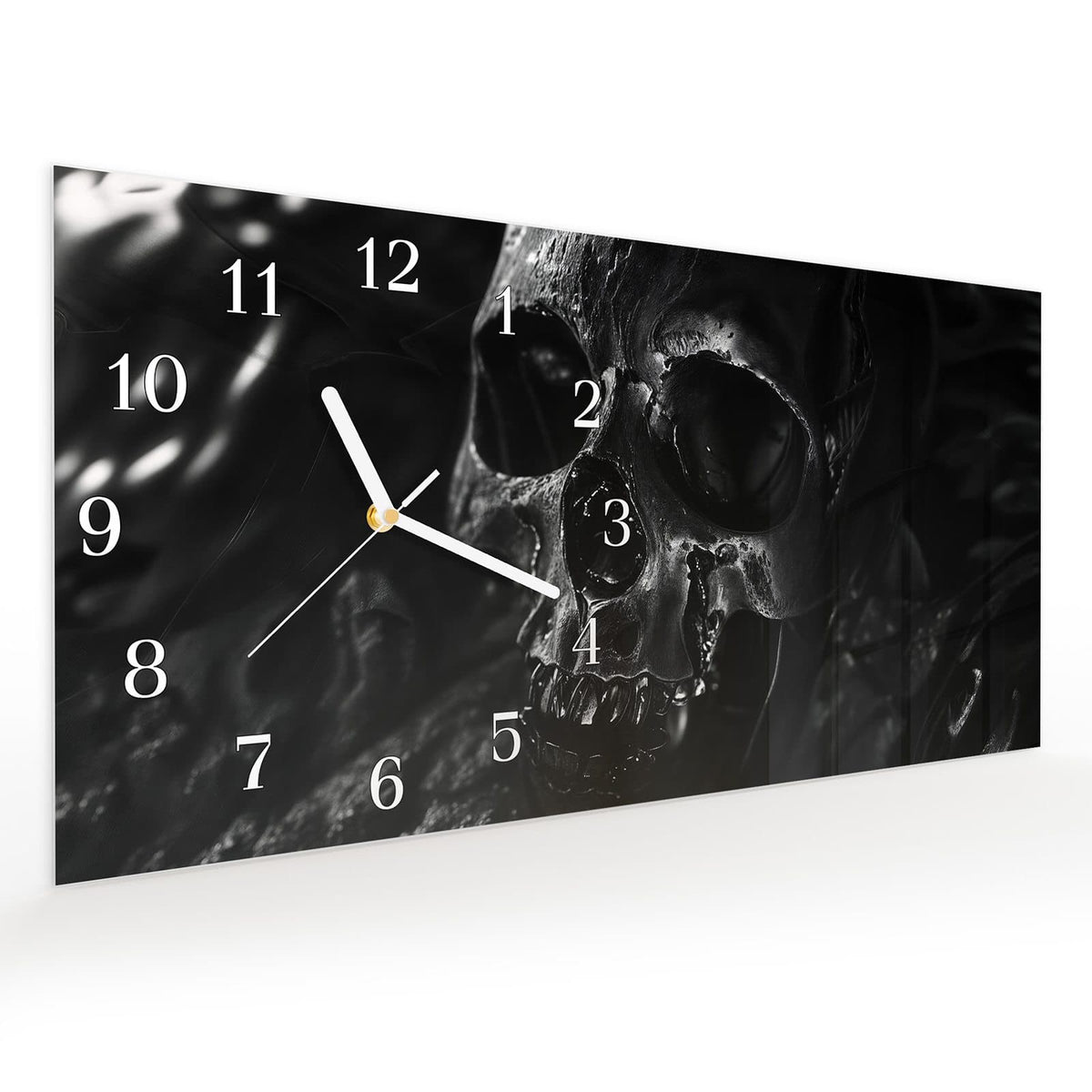 Vormontiert – mit Schwebeeffekt – Wanduhr Schädelaufnahme aus Glas – Querformat 60 × 30 cm