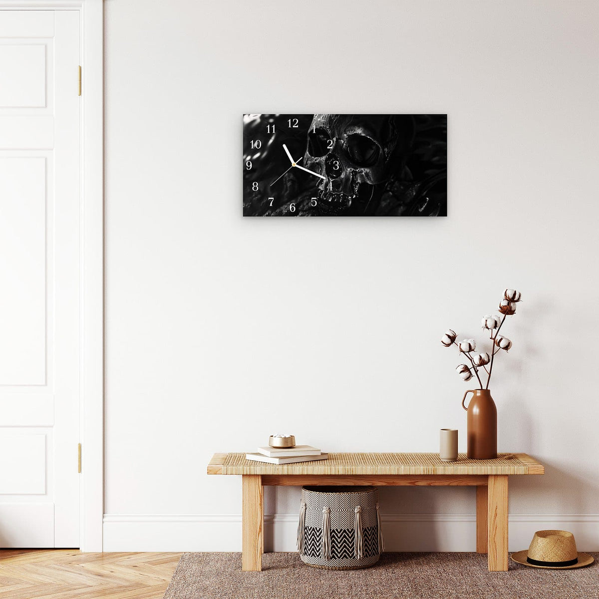 Moderne Wanduhr aus Glas mit Farbtiefe – Wanduhr Schädelaufnahme aus Glas – Querformat 60 × 30 cm