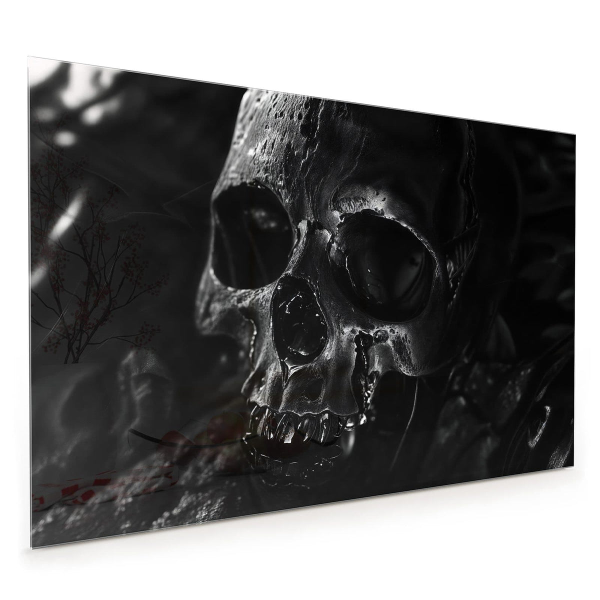 Küchenrückwand aus Glas im Hochformat mit Motiv Dunkler Totenkopf: Schwarzer, nass glänzender Totenkopf im Dunkeln, nur Kanten beleuchtet