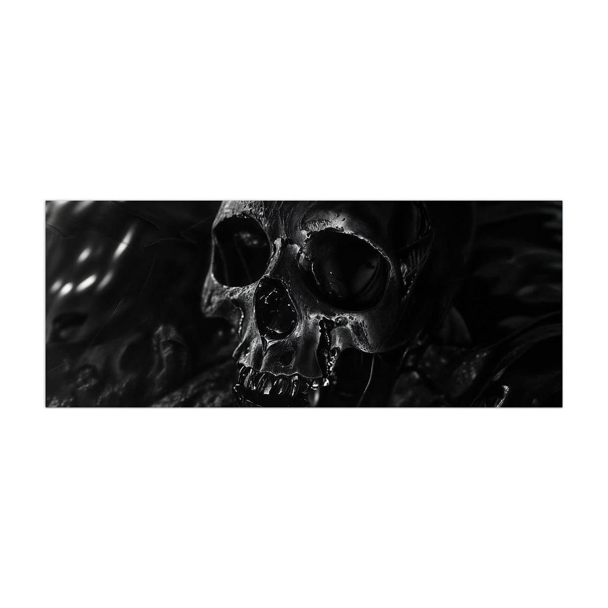Küchenrückwand aus Glas Dunkler Totenkopf im Hochformat, Motiv bildfüllend von vorn