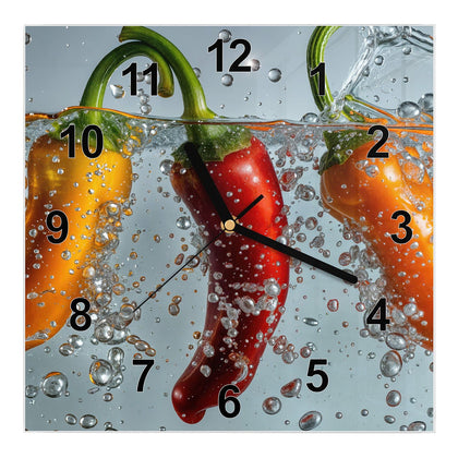 Wanduhr Quadratisch mit dem Motiv Spritzige Paprika