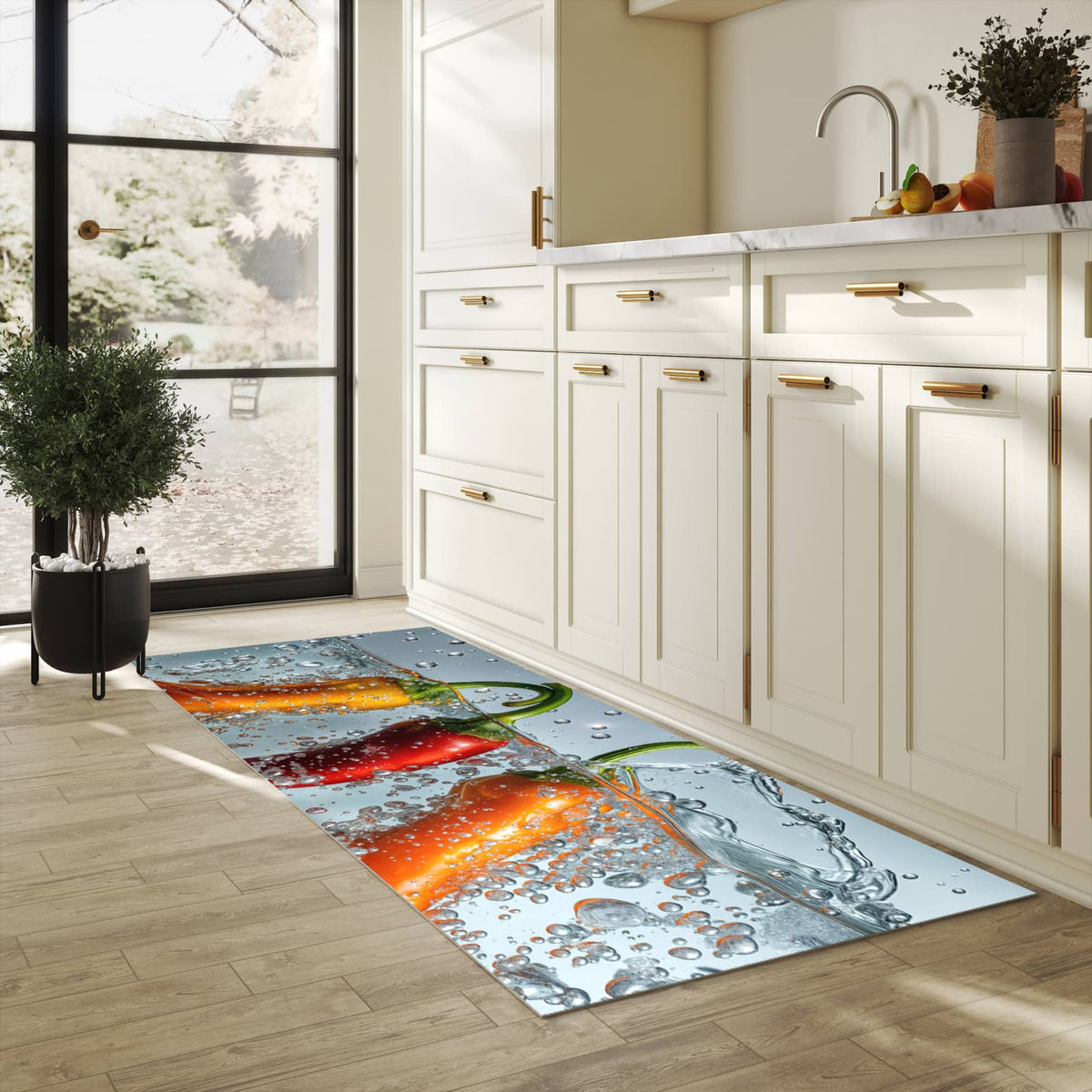 Wasserabweisender Küchenvorleger mit Motiv In Wasser Paprika in heller Küche