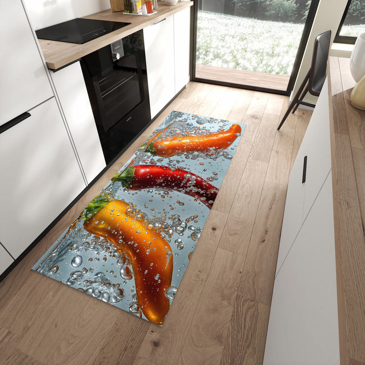 UV-beständiger waschbarer Teppich für Esstisch mit Motiv In Wasser Paprika in moderner Küche