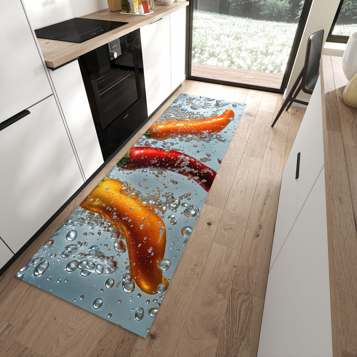 Rutschfester Küchenteppich mit Motiv In Wasser Paprika für Trittkomfort in moderner Küche