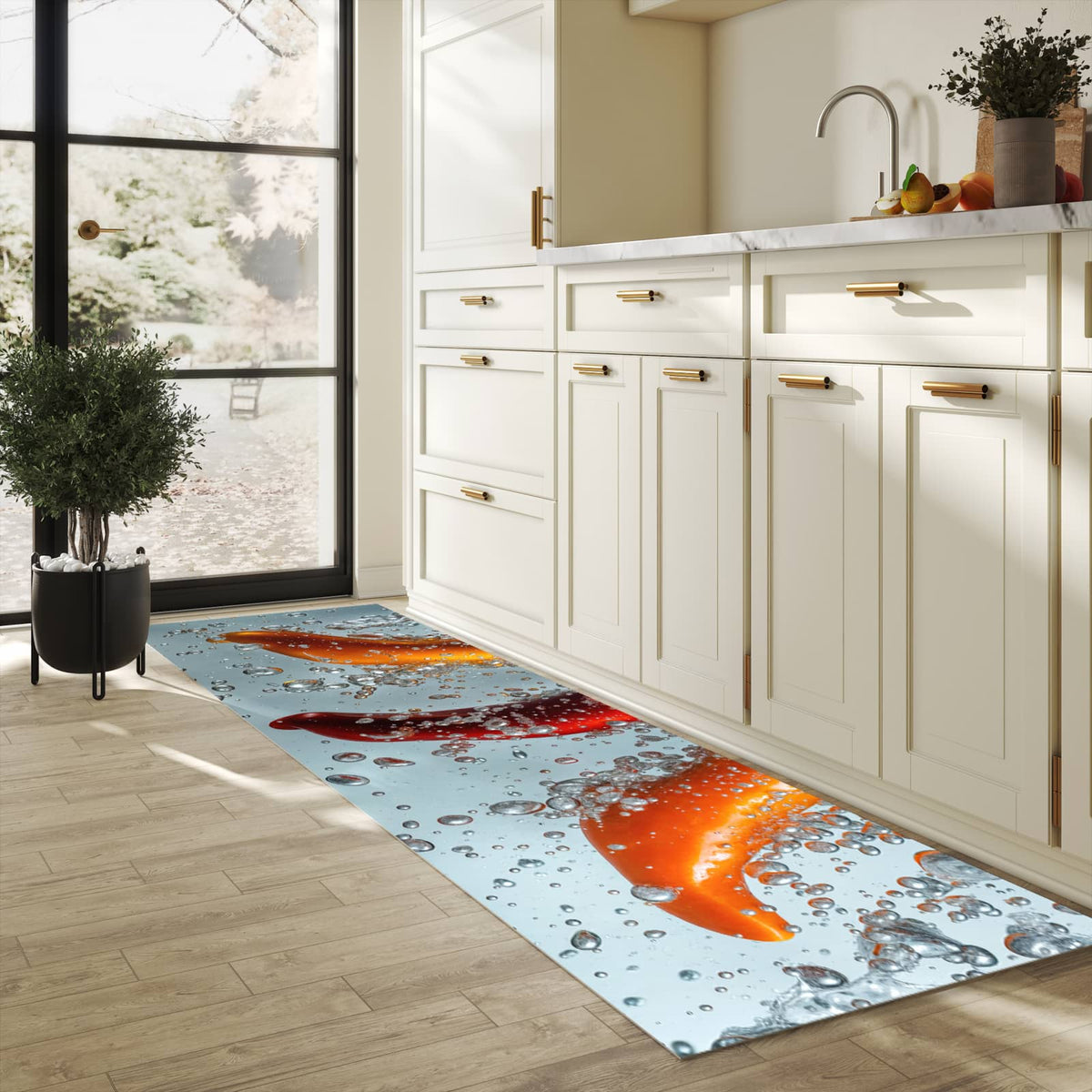 UV-beständiger Küchenläufer mit Motiv In Wasser Paprika in heller Küche