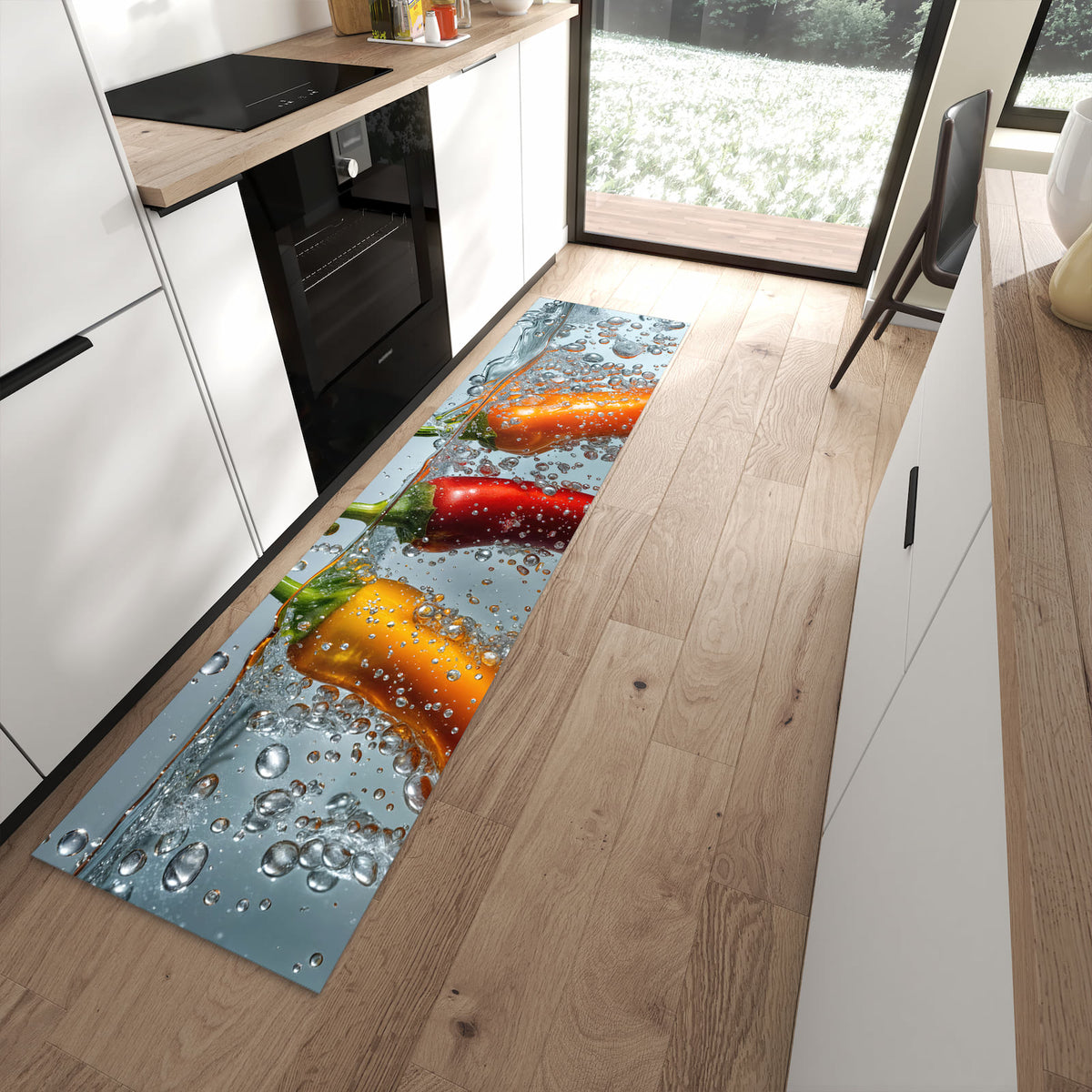 Dünner Küchenteppich mit Motiv In Wasser Paprika in moderner Küche für sicheres Aufbewahren