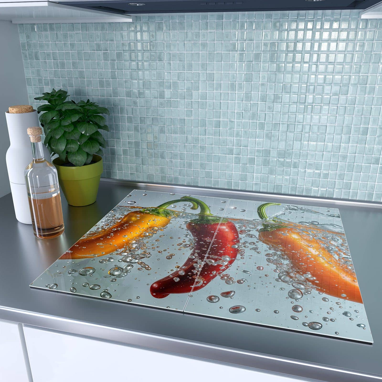 2-teilige Herdabdeckplatten für Ceranfeld mit Spritzige Paprika-Motiv in der modernen Küche