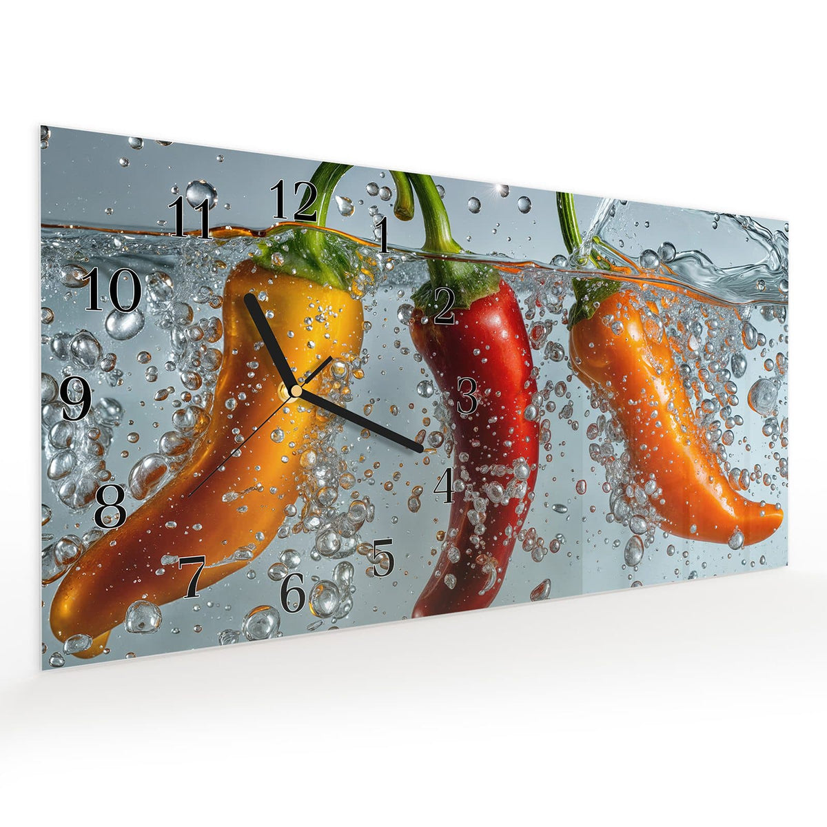 Vormontiert – mit Schwebeeffekt – Wanduhr Spritzige Paprika aus Glas – Querformat 60 × 30 cm