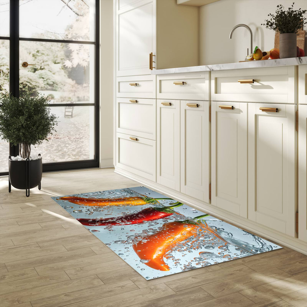 Küchenteppich mit Motiv In Wasser Paprika für Trittkomfort in heller Küche
