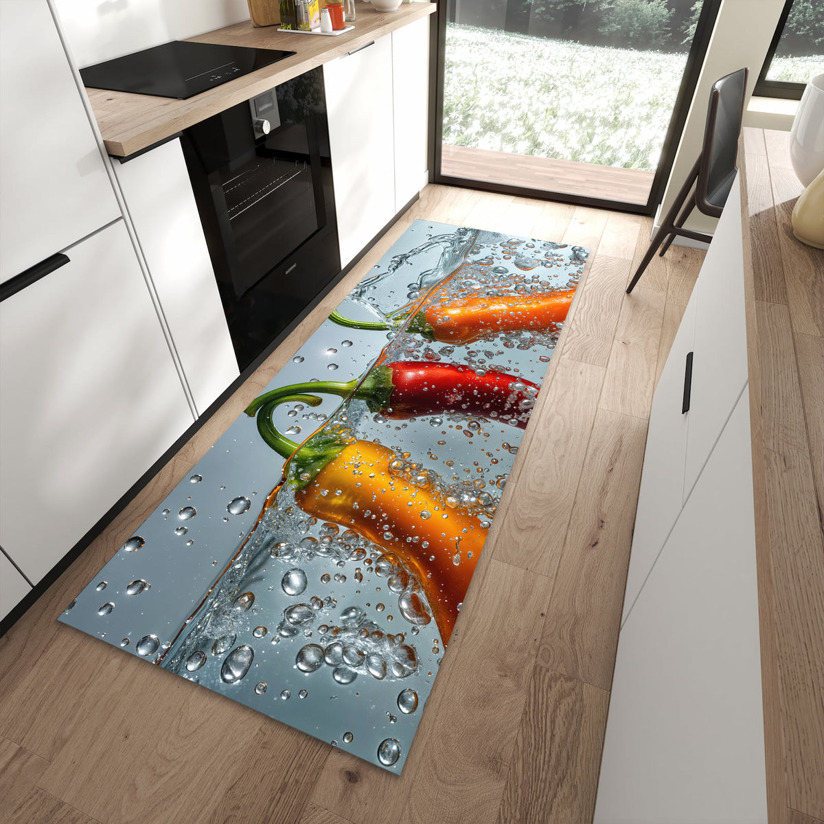 Geruchsneutraler waschbarer Küchenteppich mit Motiv In Wasser Paprika in moderner Küche