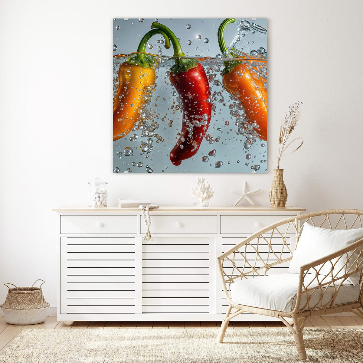 Glasbild Spritzige Paprika an der Wand – Gelbe, rote und orange Paprikaschote tauchen kopfüber ins Wasser, viele Blasen