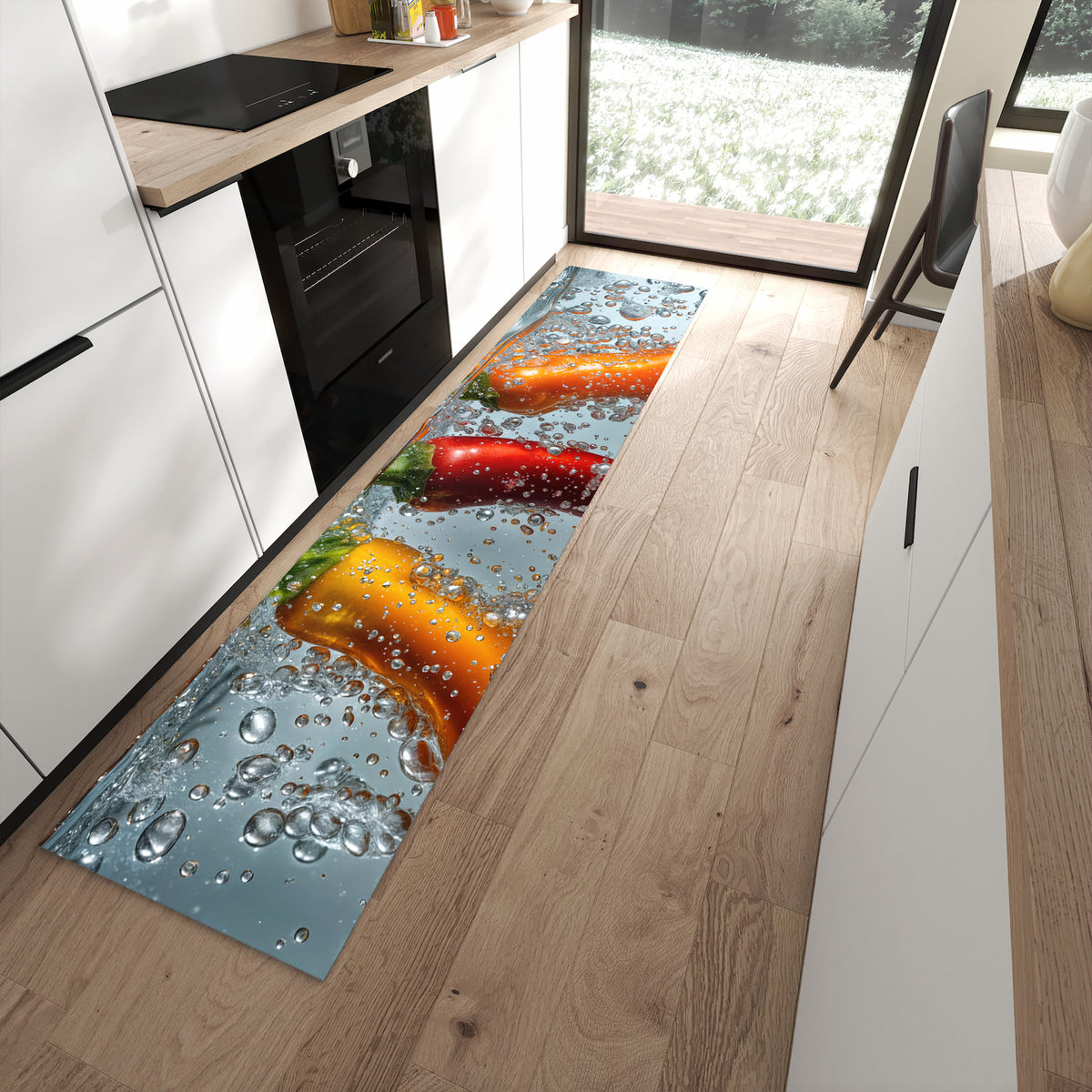 Rutschfester dünner Teppich mit Motiv In Wasser Paprika spart Zeit in moderner Küche